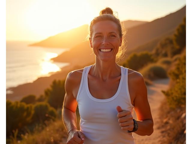 Mujer mayor con energía sonriendo durante una caminata al aire libre al atardecer.