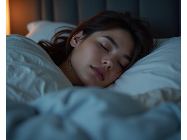 Persona durmiendo plácidamente en una cama cómoda con sábanas suaves y penumbra acogedora.