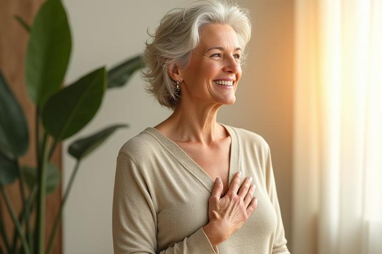 Mujer sonriente en un entorno sereno, simbolizando bienestar y tranquilidad