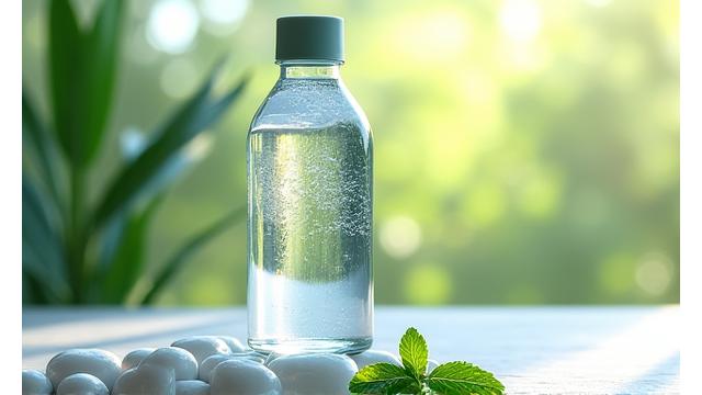 Una botella de agua elegante y vasos en un entorno natural, representando un reto de hidratación.