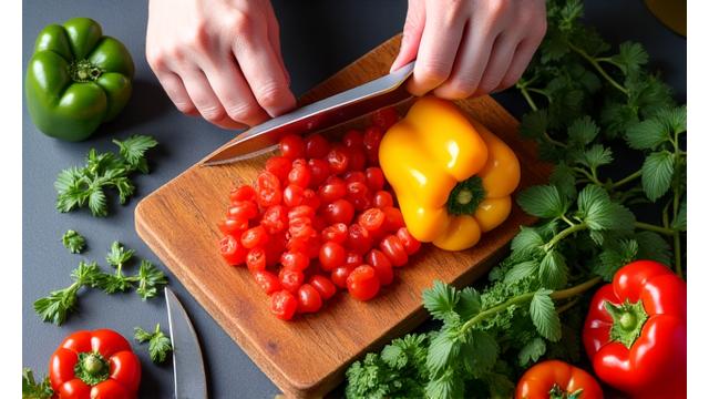 Manos cortando verduras frescas en una tabla, representando un taller de cocina saludable.