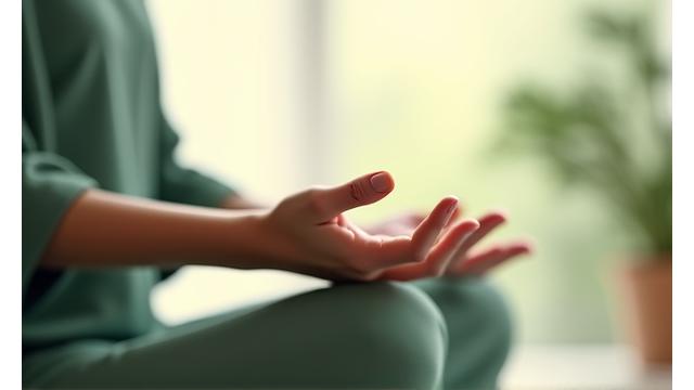 Una persona practicando meditación con fondo sutil, representando un webinar de mindfulness.