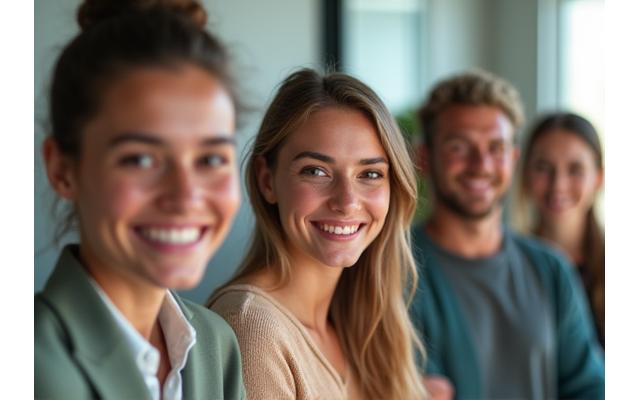 Grupo de personas mayores de 35 años sonriendo en una videollamada comunitaria, representando conexión y bienestar.