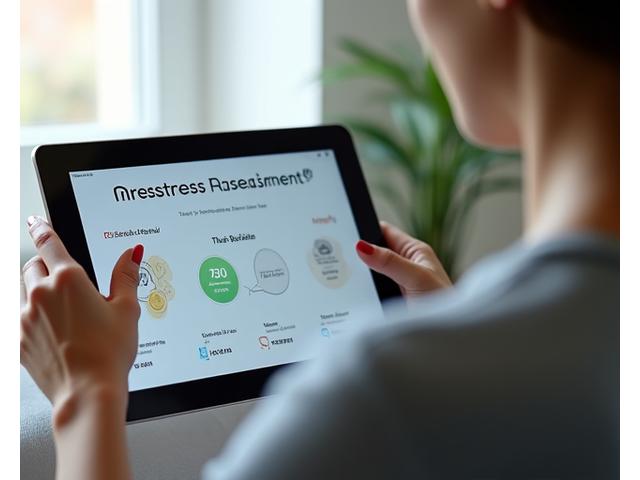 Persona completando un test de estrés en una tableta, con gráficos de progreso y un aura de calma en el fondo.