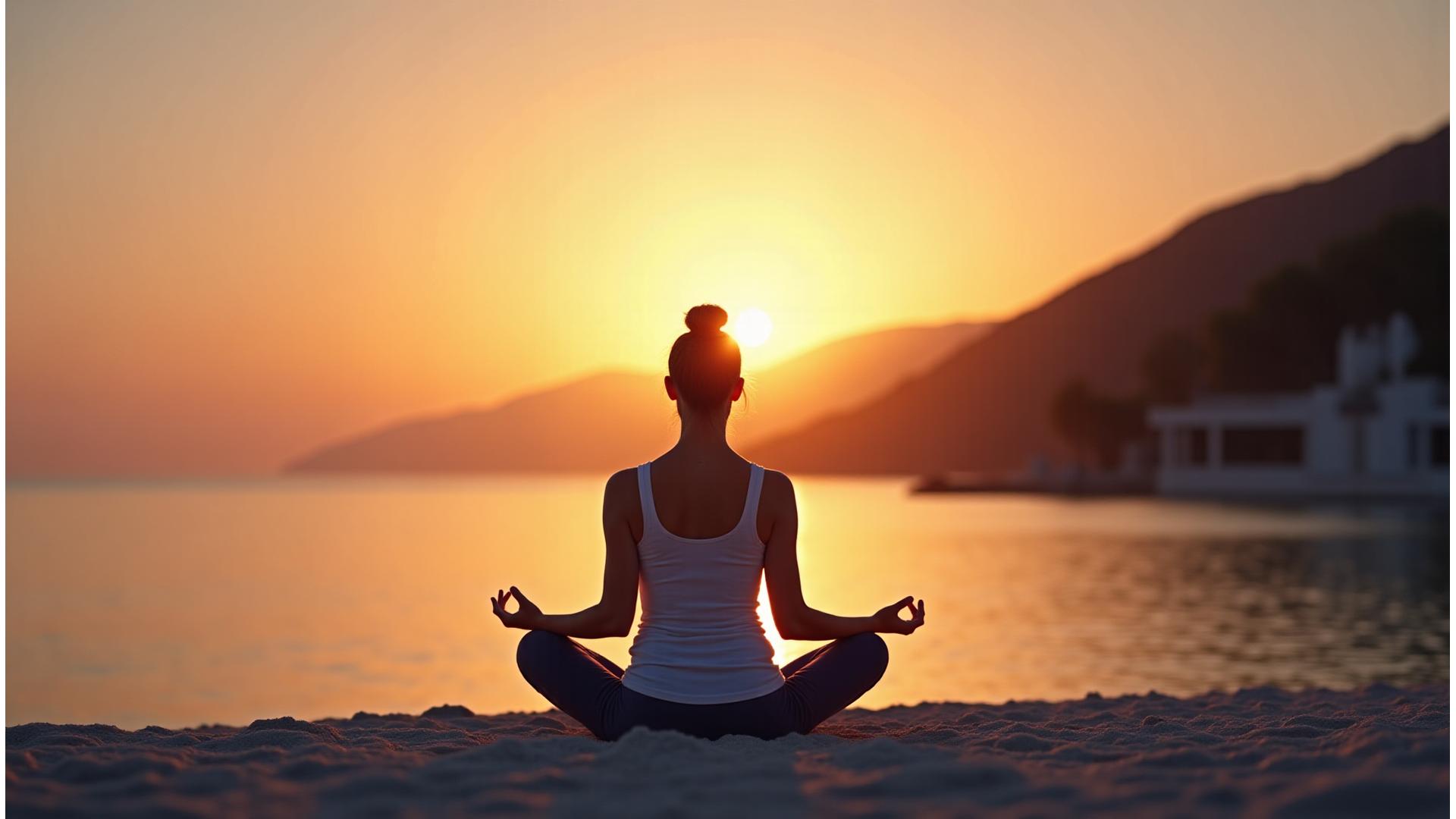 Marbella al atardecer, persona realizando una meditación tranquila en la playa. El cielo tiene tonos suaves de naranja y rosa, con el mar en calma reflejando la luz.