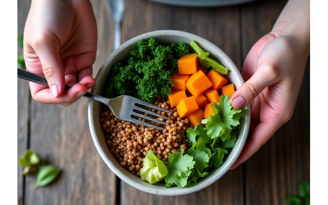 Primer plano de un plato saludable con verduras frescas, manos sosteniendo un tenedor con atención y calma, simbolizando alimentación consciente.