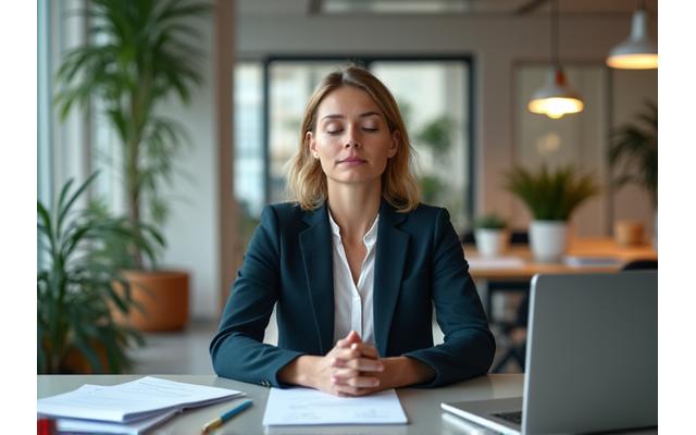 Profesional de oficina practicando una breve pausa de mindfulness en su escritorio, ambiente de oficina moderno y calmado.