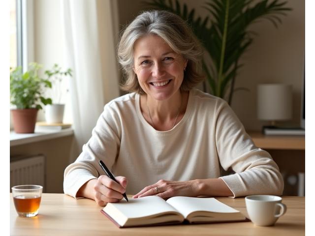 Persona escribiendo en un diario de gratitud en una mesa de café, con una sonrisa serena y un entorno acogedor.