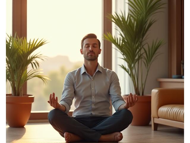 Ejecutivo concentrándose en una sesión de meditación en su oficina, con entorno moderno y sereno.