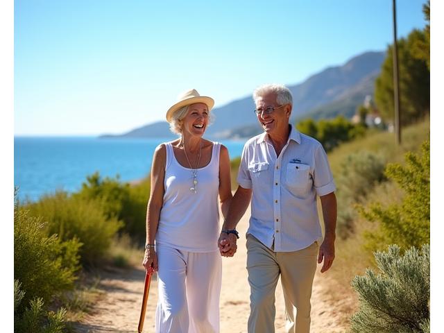 Pareja de jubilados activos disfrutando de una caminata en la naturaleza con energía y vitalidad.