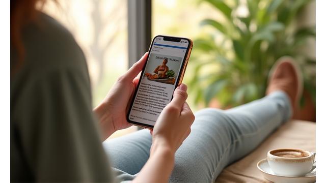 Persona leyendo blog de salud en un móvil con un café en un entorno sereno