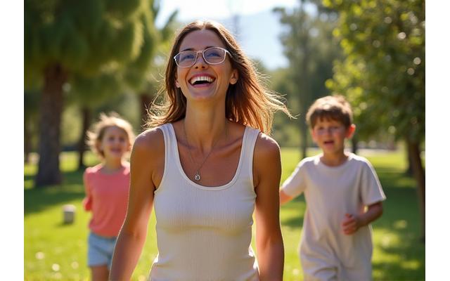 Elena, una madre, activa y feliz jugando con sus hijos en un parque al sol, simbolizando energía recuperada.
