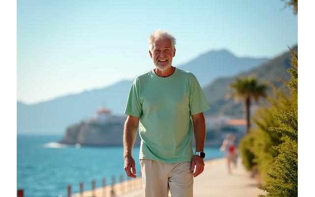 Antonio, jubilado, disfrutando de un paseo matutino por la costa de Marbella con una sonrisa, simbolizando movilidad y bienestar.