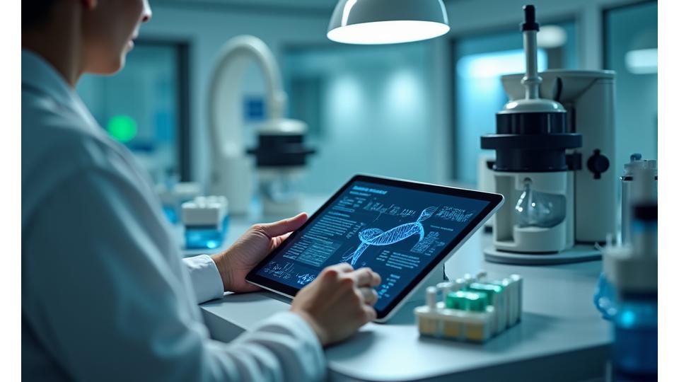 Equipos de laboratorio de alta tecnología con muestras de ADN y gráficos digitales que representan datos de salud, destacando el rigor científico.