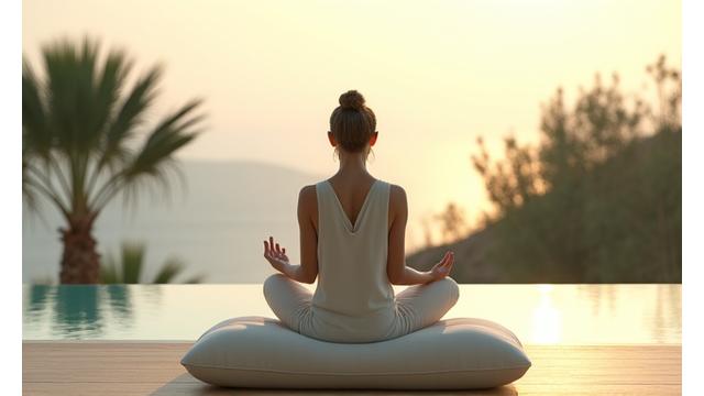 Una persona de mediana edad meditando tranquilamente al atardecer en una terraza con vistas al mar Mediterráneo en Marbella, con colores suaves y dorados que evocan paz.