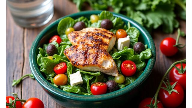 Alimentos frescos y coloridos dispuestos artísticamente, con un sutil overlay de patrones de ADN, simbolizando la nutrición personalizada basada en la genética.