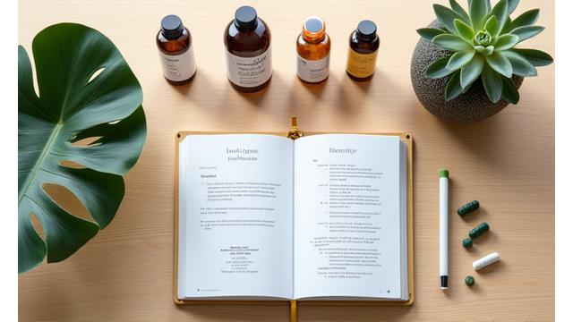 Una selección elegante de suplementos nutricionales modernos y naturales sobre una superficie de madera clara, junto a una agenda y pluma, simbolizando la integración de hábitos saludables.