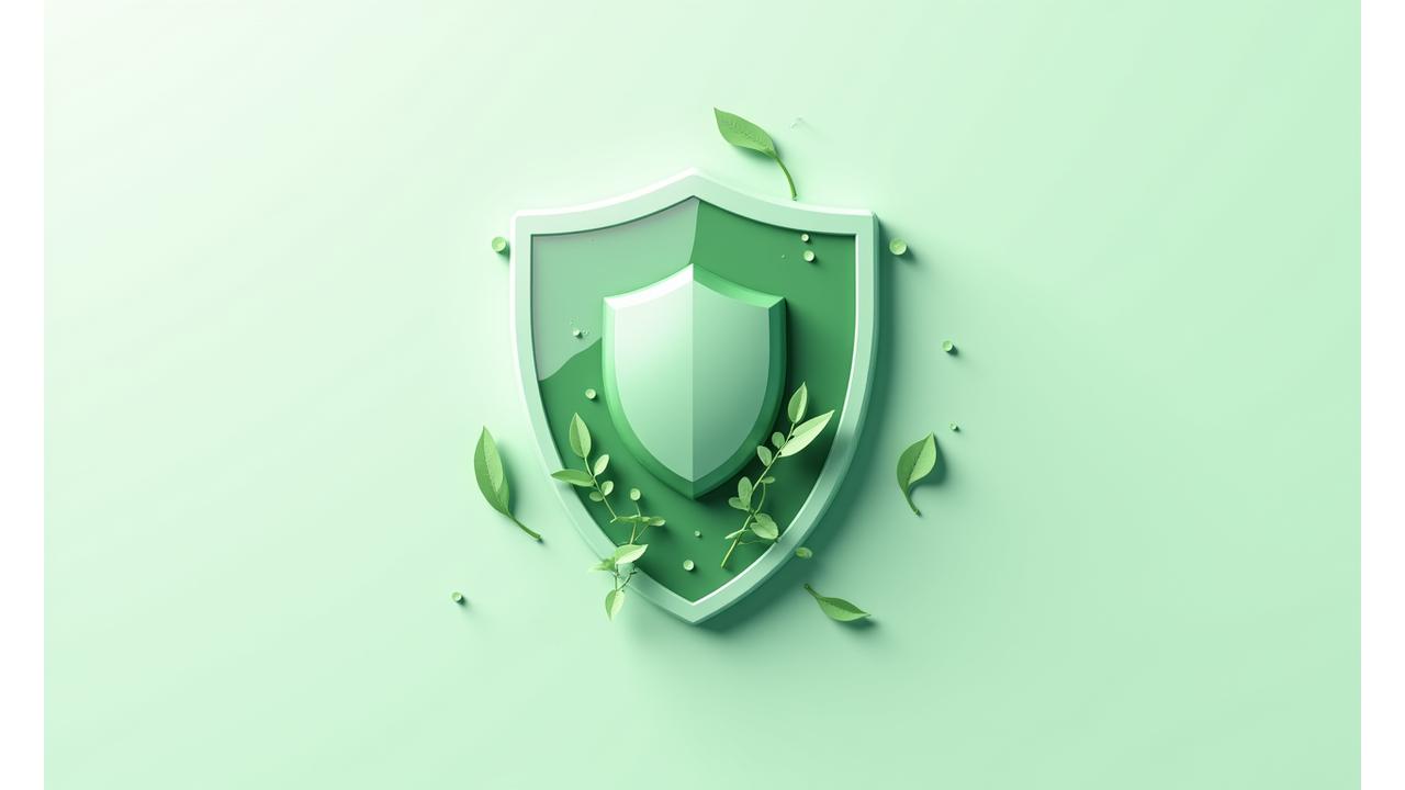 Escudo estilizado con una hoja de roble, simbolizando privacidad y protección de datos digitales en un ambiente sereno