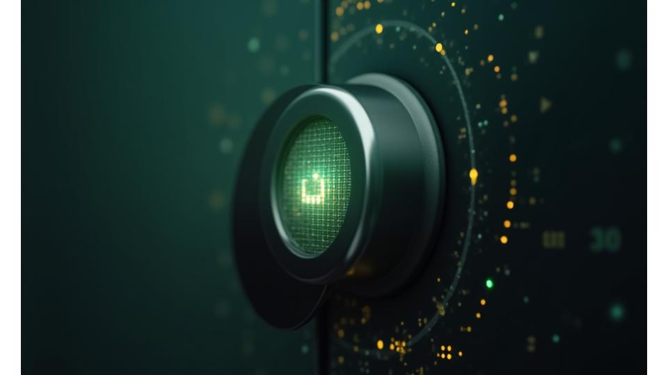 Un elegante candado digital iluminado por un tenue resplandor, simbolizando la seguridad cibernética y la protección de datos