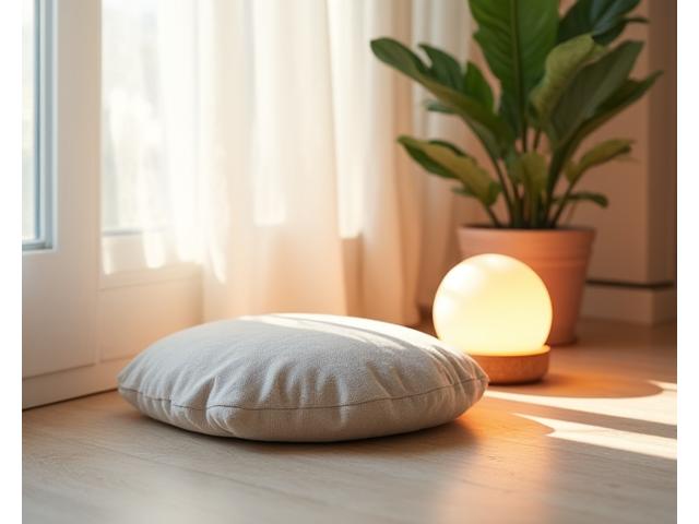 Cojín de meditación, cuenco tibetano y luz ambiental suave para la relajación.