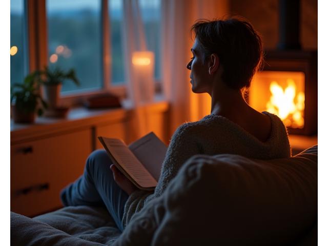 Persona leyendo un libro en un ambiente cálido y relajado, simbolizando la desconexión y relajación nocturna.