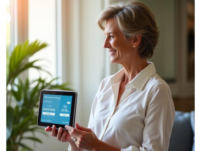 Mujer adulta sonriendo y evaluando su bienestar en una interfaz digital, rodeada de elementos que representan salud y equilibrio.