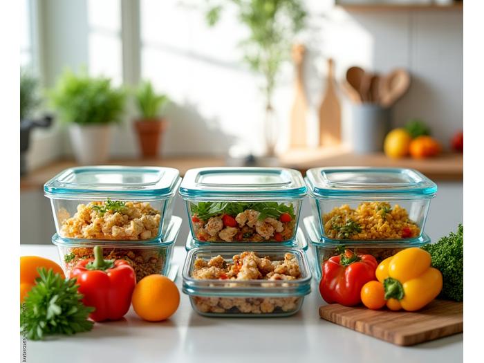 Variedad de envases de comida preparada y saludable dispuesta en una encimera de cocina moderna.