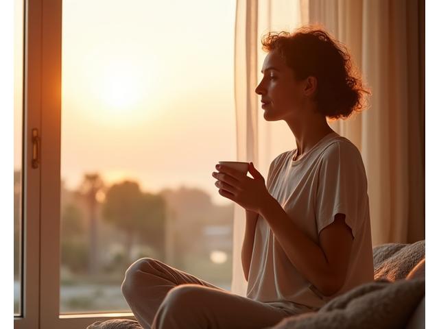 Persona adulta disfrutando de un amanecer tranquilo con un café saludable, simbolizando una rutina matutina ideal para el bienestar.