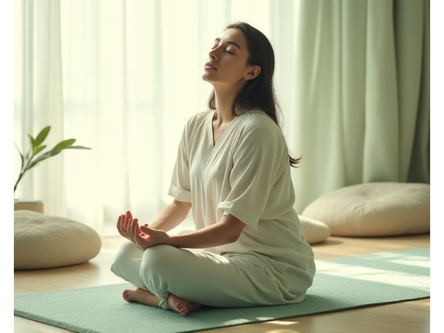 Persona sentada en una postura de meditación, respirando profundamente con un aura de tranquilidad, simbolizando técnicas de gestión del estrés y mindfulness.