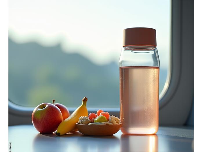 Botella de agua reutilizable junto a frutas frescas en un entorno de viaje, simbolizando hidratación y alimentación saludable durante los desplazamientos.