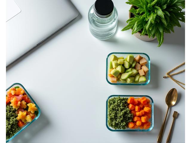 Envases de comida saludable y organizada en un escritorio, representando la alimentación consciente durante el día de trabajo.