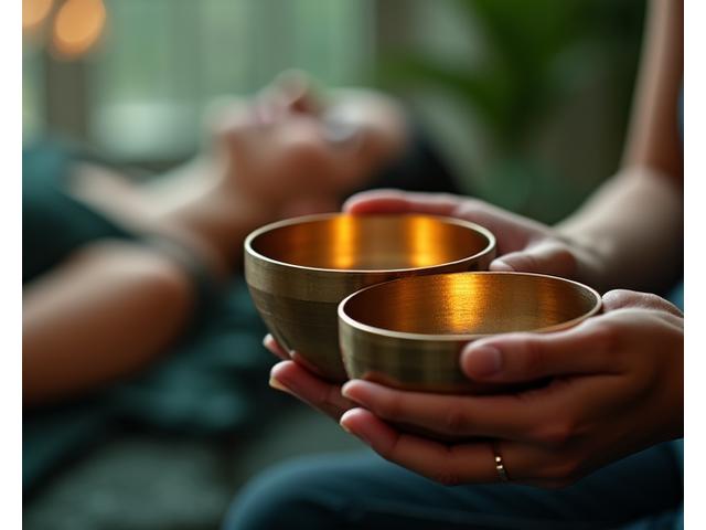 Terapia de sonido con cuencos tibetanos y una persona en estado de relajación, simbolizando sanación profunda.