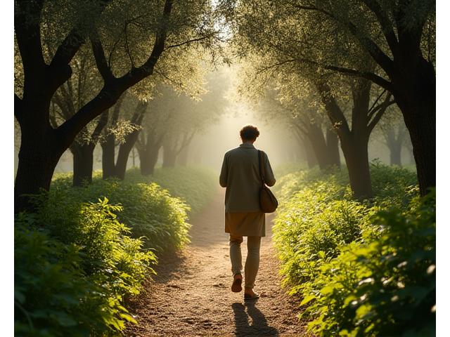 Persona paseando conscientemente en un bosque exuberante, conectando con la naturaleza y promoviendo el bienestar.