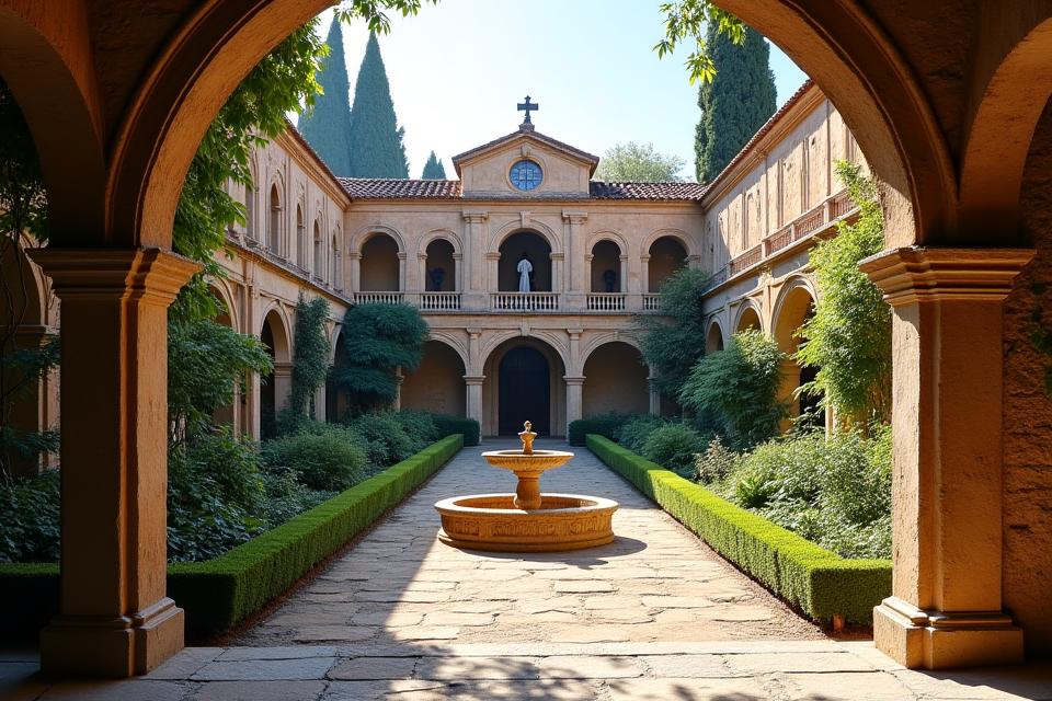 Monasterio histórico reconvertido en centro de retiro en Granada, con jardines tranquilos y arquitectura antigua.