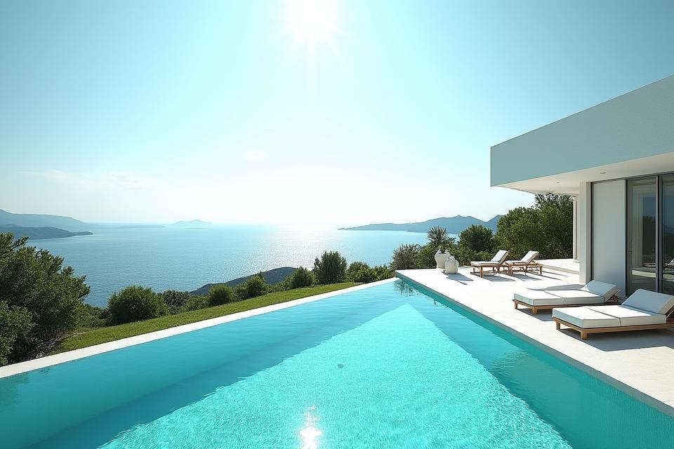 Centro de retiro moderno en la costa cerca de Marbella con vistas al mar Mediterráneo, piscina infinita.