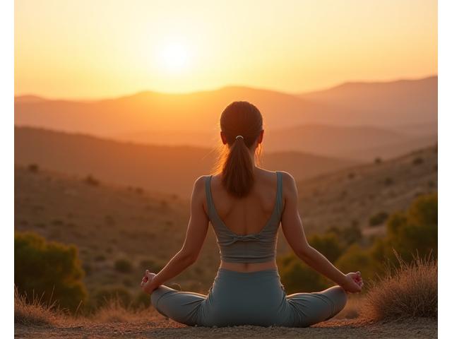 Persona practicando yoga al amanecer con vistas a la naturaleza andaluza, transmitiendo paz y conexión.
