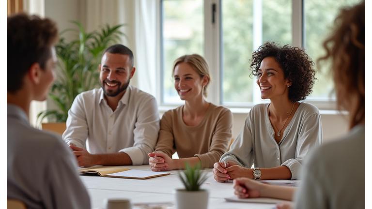 Grupo de adultos sonriendo y colaborando en un taller de bienestar con luz natural y elegante decoración mediterránea.