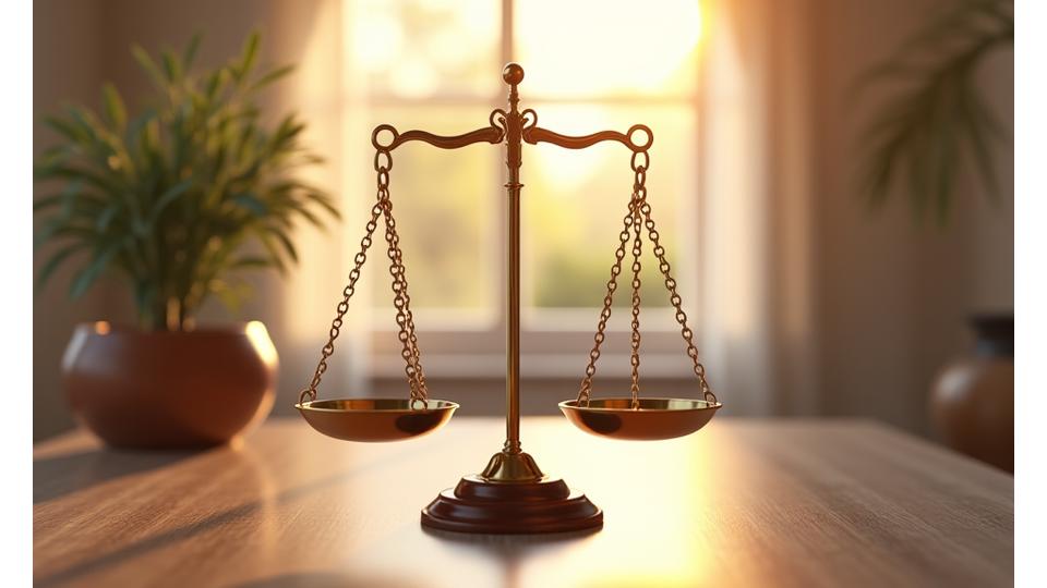 Balanzas de la justicia equilibradas en un entorno de oficina cálido y profesional, simbolizando equidad y resolución