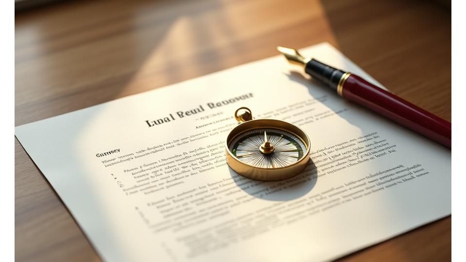 Brújula dorada y pluma estilográfica sobre un documento formal, simbolizando guía y formalidad legal