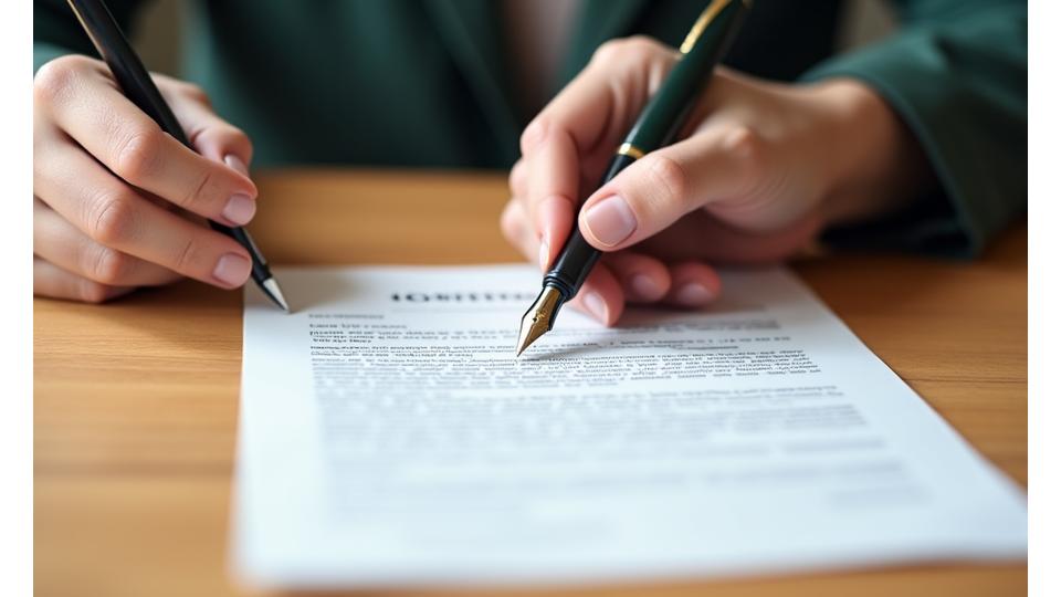 Manos firmando un acuerdo con un bolígrafo elegante, sobre una mesa de madera cálida, con un enfoque en la confianza y el compromiso.